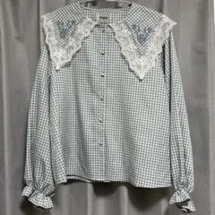 襟付き長袖ブラウス チェック 水色 レース