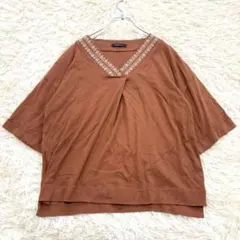 n2219 良品✨五分袖カットソー 刺繍 エスニック コットン100% Ｔシャツ