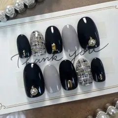 ブラック グレー ツイード柄 大人 かわいい シンプル ネイルチップ