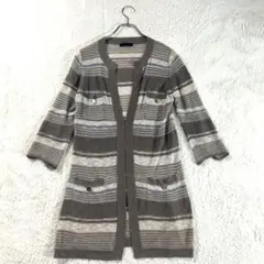 【アイシービー】S 茶系 マルチボーダー カーディガン リネン生地 ロング丈のサムネイル