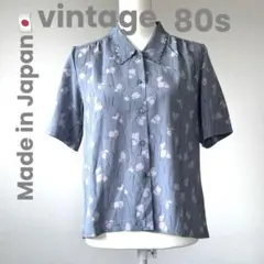 80s 昭和レトロ くすみブルー とろみブラウス テロシャツ 花柄 日本製のサムネイル