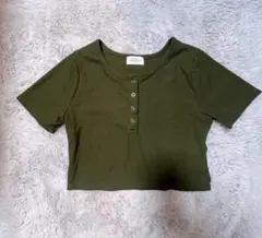 リブ クロップド 半袖 Tシャツ カーキのサムネイル