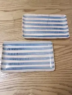 青と白のストライプ陶器皿2枚セット