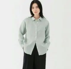 無印良品 リネン レギュラーカラー長袖シャツ S グリーン