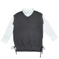イディット　ドッキングシャツ　L グレー　白　長袖　ベスト&シャツ　リボンのサムネイル