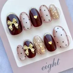 【現品】ボルドーネイル／ミラーフレンチ／リボン／マグネットネイル／ドット