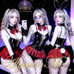 セクシーエナメルチェック柄JK制服バニーガールコスプレ衣装ボディスーツハロウインのサムネイル