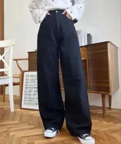 moment+ ハイウエストストレートパンツ 黒