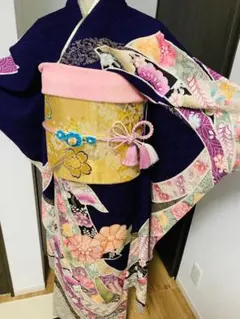 振袖 着物 銀通し 金彩加工 刺繍 黒 紫 乱菊 成人式 トールサイズ 