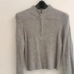 GU グレー リブ編み ハイネックセーター ハーフジップ