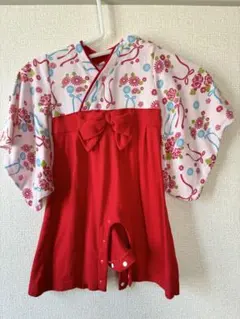 赤と花柄の着物スタイル ベビー服 80サイズ
