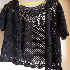 ブラック 綿編み カーディガン 半袖