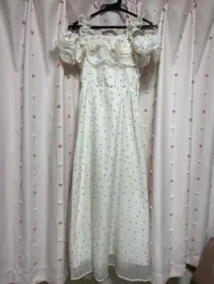 ドット柄フリルオフショルダーフレアロングワンピース(ru1165)