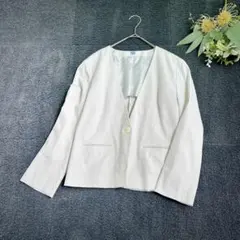 【J.PRESS】美品 ノーカラーＶネックジャケット 細ストライプ　上品　Lのサムネイル
