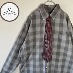 ネクタイシャツ　2点セット　L 長袖　チェック　グレー　古着
