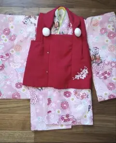 キッズ 着物ドレス 桜柄 赤被布セット 100cmのサムネイル