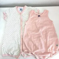 プチバトー 6m/ 67cm 半袖カバーオール2点セット(ドット・ストライプ)