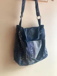 デニム刺繍ショルダーバッグ/布バック/斜めがけ/レトロ/ヴィンテージ風/古布