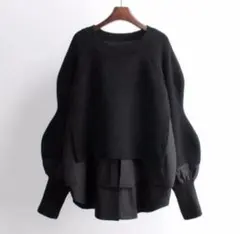 黒 秋冬 ニットセーター 切り替え トップス チュニック 重ね着風 着痩せ長袖