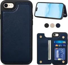 【T12】iPhone16e対応背面手帳型レザーケース(ブルー)