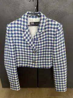 ZARA 青白千鳥柄 ショート　ジャケット M