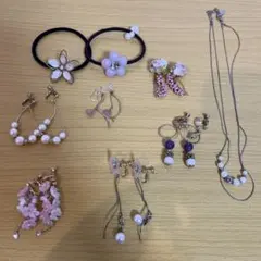 イヤリング　ネックレス　ヘアゴム　セット　まとめ売り　花　ピンク　紫