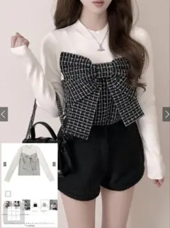 ビッグリボンツイードビスチェドッキングリブニット GRL