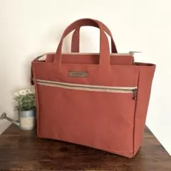 倉敷8号帆布仕切りファスナー付きトートバッグ　レンガ×ミモザ柄