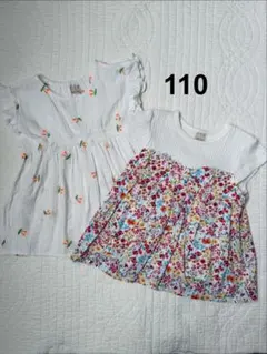 【美品】プティマイン 110 2点セット 水彩花柄ドッキングT チェリー刺繍