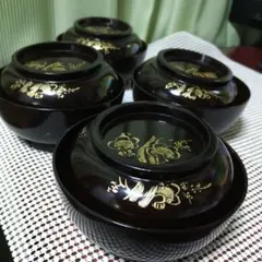骨董 黒漆器 蒔絵 蓋付き吸い物椀 煮物椀 4客 天然木のサムネイル