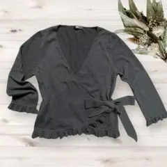 INED カーディガン カシュクール ラップ ウエストリボン フリル 黒 M