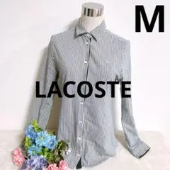 【LACOSTE】ストライプブラウス　長袖シャツ　黒白刺繍ロゴ　レディースM相当