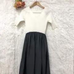 ★Lettuce★神戸レタス ニットワンピース 【M】白×黒 ロング丈 5分袖"