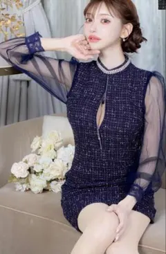 ネイビー シースルー袖 タイトドレス