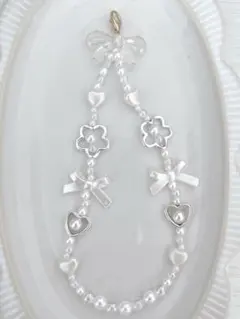 パールリボンハート〰︎︎ビーズストラップ 現品のみ 約14cm B473