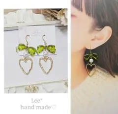 ＃245　リボン×パール×ハートフープ　グリーン　大人かわいいピアス/イヤリング