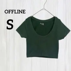 1点もの❤️OFFLINE【S】ダークグリーン 半袖 トップス リブ クルーネック
