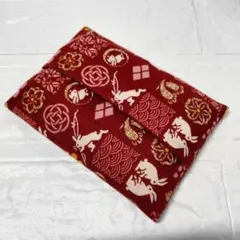 ハンドメイド　ポケットティッシュケース　鳥獣戯画風　うさぎ　和柄　臙脂