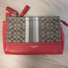 COACH ポーチ レッド ブラウン ストライプ