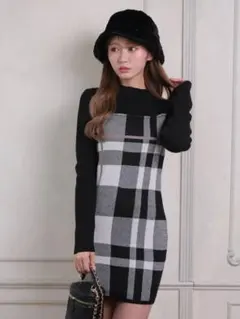 LIP SERVICE アクセントチェックジャガードワンピース ブラック