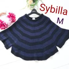Sybilla シビラ サイズM ポンチョ 黒×ブルー ボーダー 伸縮性抜群！のサムネイル