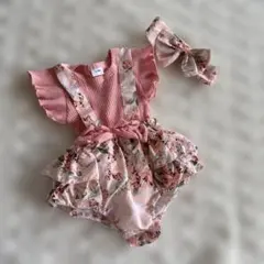 フリル付き花柄オーバーオール 6-9M ロンパース