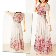 パーティードレス結婚式ワンピース二次会シフォン花柄 ハイウェストパフスリーブ