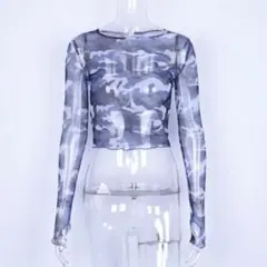 カモフラ シアー 長袖クロップドトップス ブルーネイビー