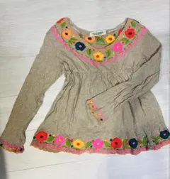 フラワー刺繍 ベージュ 長袖チュニック