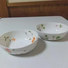 花柄陶器ボウルセット　深い皿　2枚セット　フラワー