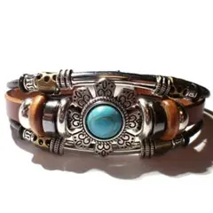 ⑥　三連　ターコイズブルー　レザーブレスレット　ブレスレット　インディアン　茶色