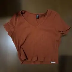 SHEIN リブ Vネック 半袖 Tシャツ ブラウン M へそ出しのサムネイル