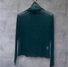 ダークグリーン シースルーメッシュ タートルネック　シアートップス