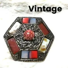 ビンテージ カラフル　八角形ブローチ　ミラクル風　バチカン付き